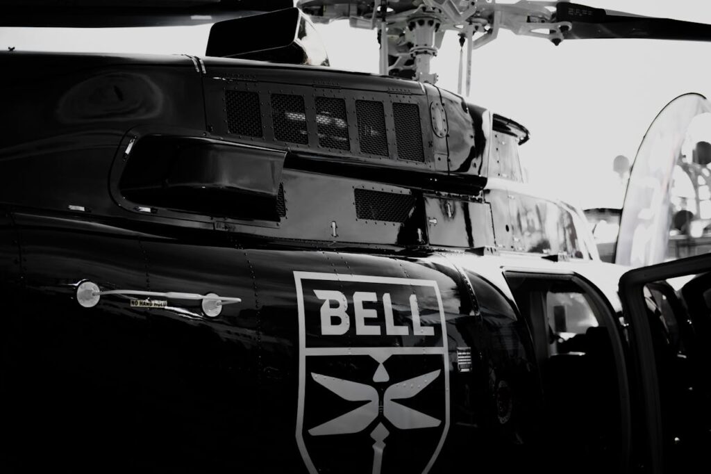 Grayscale Photo of Bell Helicopter